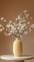 Aufkleber - Delicate white and golden flowers are beautifully arranged in a textured yellow vase on a round table, complemented by a soft, warm background that enhances the serene atmosphere