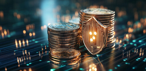 Fototapete - This image showcases digital banking with stacked coins next to a shield for security, and a lock highlighting the importance of privacy in financial transactions.