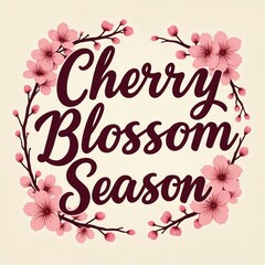  Cherry Blossom Season lettering illustration. Spring floral design with pink flower petals wreath. Japanese springtime nature art, script style font. Elegant, delicate, romantic pastel colors