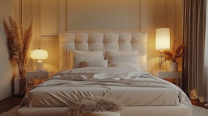 Poster - Stylish modern bedroom with luxurious decor and cozy ambiance in warm tones Generative AI