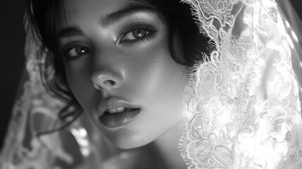 Poster - A woman gazes softly with a lace veil draped around her, illuminated by gentle light, creating a serene and captivating atmosphere in monochrome style.