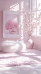 Aufkleber - A serene corner adorned with a fluffy white rug and plush chair invites relaxation. Sunlight filters through large windows, illuminating pink art and delicate flowers in a soft vase