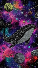 Wall Mural - a whale swims through a colorful and starry cosmic galaxy