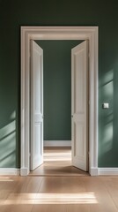 Poster - Bright sunlight filters through an open doorway, illuminating a tranquil green room with elegant white doors and wooden flooring. The atmosphere feels calm and inviting