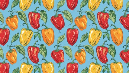 Poster - Seamless looping video pattern of hand-drawn bell peppers in red, yellow, and orange on a blue background.