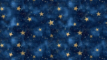 Poster - Seamless looping video pattern of golden stars on a deep blue cosmic background.