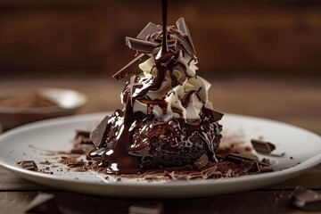Poster - Rich dark chocolate pouring over a decadent dessert with whipped cream and chocolate shards in a cozy setting Generative AI