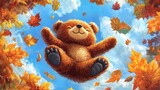 A Smiling Teddy Bear Floating Among Falling Autumn Leaves