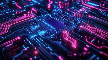 Poster - Glowing Neon Circuit Board Design with Digital Elements