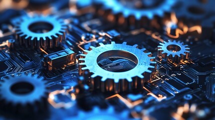 Poster - Interlocked Gears with Circuit Board Texture in Blue Lighting