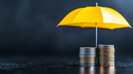 Leinwandbilder - A vibrant yellow umbrella stands prominently over two stacks of coins on a dark surface.