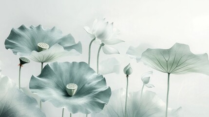 Poster - In a tranquil garden, elegant lotus flowers emerge from the water, their soft hues illuminated by the gentle morning light, creating a peaceful atmosphere filled with serenity and beauty