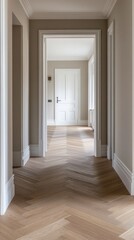 Poster - Sunlight streams through large windows, casting soft shadows along the chevron-patterned hardwood floor of a stylish hallway. Neutral walls enhance the space's elegance, inviting exploration