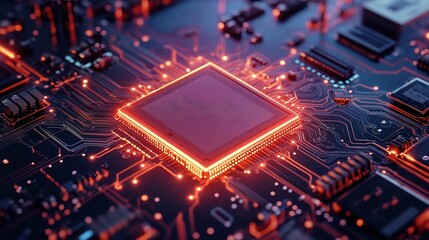 Poster - Futuristic Circuit Board Design with Glowing Elements and Details