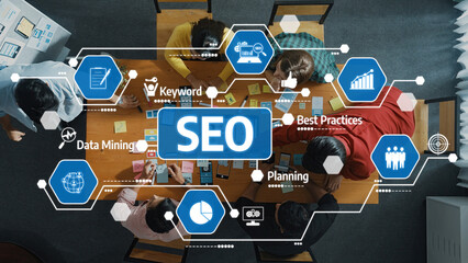 Poster - a top-down view of a collaborative team meeting focusing on seo strategies, featuring data mining, k