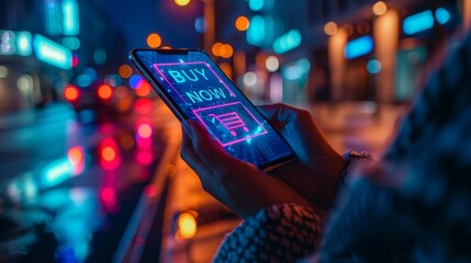 Poster - Exploring digital shopping as neon lights illuminate a city street at night