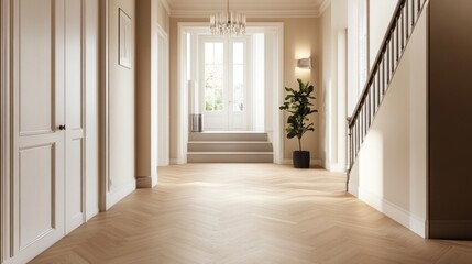 Poster - Sunlight streams through large windows, illuminating a stylish hallway adorned with minimalist decor and lush greenery. A staircase leads to the upper level, creating an inviting ambiance