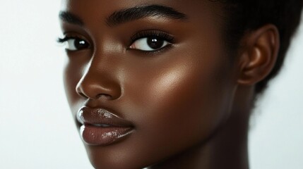 Poster - A close-up view highlights the striking features of a model with luminous skin, emphasizing her captivating eyes and smooth complexion. The soft lighting enhances her natural allure
