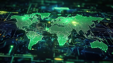 Poster - Glowing Circuit Board World Map with Electronic Connections and Lines