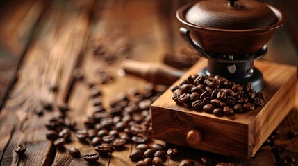 Poster - Coffee beans and grinders arranged on a wooden table highlighting the art of brewing fresh coffee Generative AI