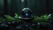 © BROPRADANA - A crystal orb depicting Earth, nestled on a dark pedestal, sits amidst a mossy forest floor.  A subtle blue light emanates from the orb's base