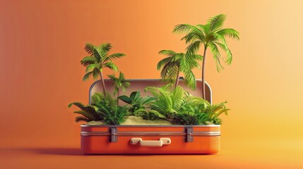 Poster - Creative travel suitcase with miniature palm trees and tropical landscape for summer adventures Generative AI