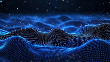 Poster - Dark Blue 3D Abstract Wave Pattern with Floating Elements