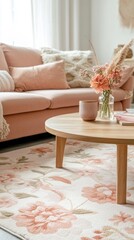 Poster - A beautifully arranged living space features a soft pink couch and a round wooden coffee table. Delicate flowers and a vibrant rug bring warmth and a welcoming ambiance, perfect for cozy gatherings