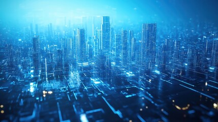Poster - Futuristic city skyline showing digital lines and glowing buildings at night