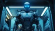 © Maharram - A futuristic humanoid AI robot with a sleek metallic body, glowing blue eyes, intricate cybernetic details, standing in a neon-lit laboratory, ultra-detailed,