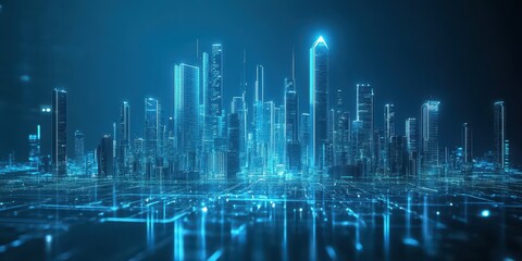 Poster - Illuminated futuristic city skyline constructed from advanced technological frameworks