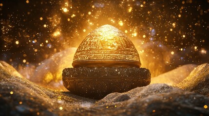 Canvas Print - A golden glowing object rests upon a carved circular pedestal