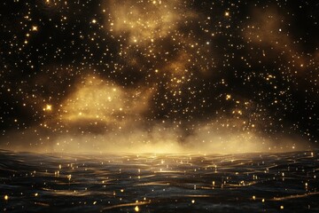 Canvas Print - Sparkling gold stars and light above a dark water surface