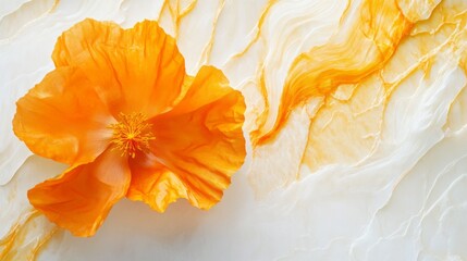 Poster - A vibrant orange flower with delicate petals is placed on a smooth, marbled white background, creating a stunning contrast that showcases nature's artistic touch and elegance