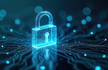 Poster - Digital cyber security padlock on tech network secures data. Private information locker created, blue firewall prevents hacker attacks. Shield key web safety, document encryption, connection, login,