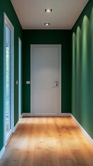 Poster - Soft light pours into a vibrant green hallway, highlighting the smooth wooden floor. The white door stands ready, inviting exploration into the adjacent spaces