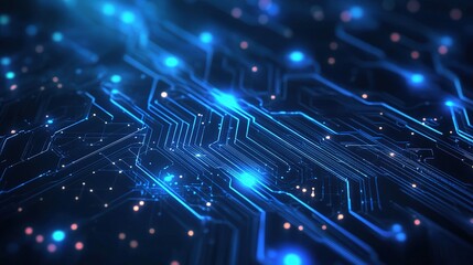 Poster - Futuristic Circuit Pattern with Dots and Lines in Vibrant Blue Glow