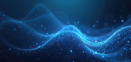 Leinwandbilder - Abstract blue background with wavy shapes, sparkling particles. Great for technology, science presentation backdrop. Elegant, modern design with depth, dimension effect. Dark blue color with light