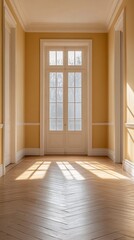 Aufkleber - An elegant hallway is bathed in warm sunlight, illuminating classic architecture with golden tones. The spacious area features large windows and finely crafted wooden flooring