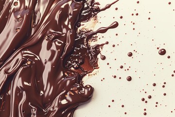 Poster - Melted chocolate droplets flowing on a cream surface with a glossy texture and rich dark color enhancing any dessert experience Generative AI