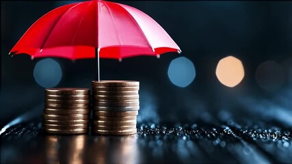 Fototapete - Coins are stacked on a wet surface, covered by a vibrant red umbrella, symbolizing financial protection in a rainy environment. This setup signifies security and privacy in banking.