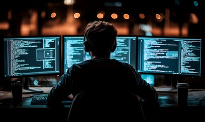 Focused programmer coding with multi screen setup illuminated by code background