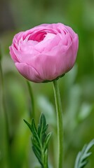 Poster - In a lush garden filled with greenery, a delicate pink flower stands tall, its layers of petals catching the soft sunlight. This vibrant bloom signifies the arrival of spring and nature’s revival
