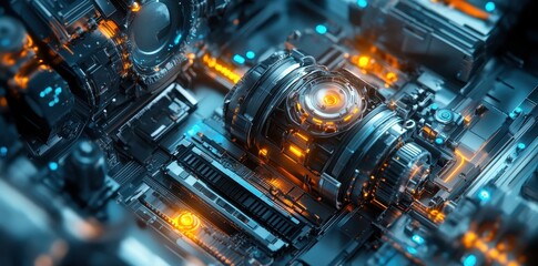 Poster - A complex technological machine displays intricate internal circuitry and lights