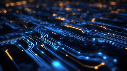 Poster - Glowing Electric Circuit Board Lines in Dark Background