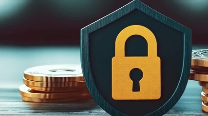 Fototapete - A shield with a lock symbol represents security and privacy in banking. Coins are positioned nearby, emphasizing the importance of safeguarding financial assets in today's digital age.