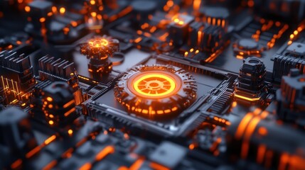 Poster - Illuminated futuristic computer circuit board displaying glowing orange technological components