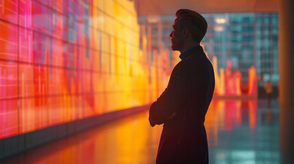 Poster - reflective silhouette of a person admiring vibrant light display