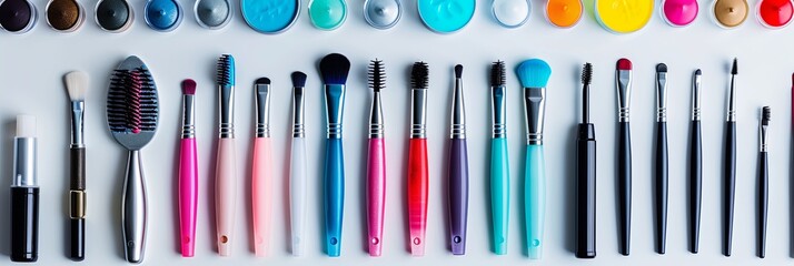 Poster - Colorful manicure tools and vibrant nail polishes neatly arranged on a light background for a fun grooming experience Generative AI