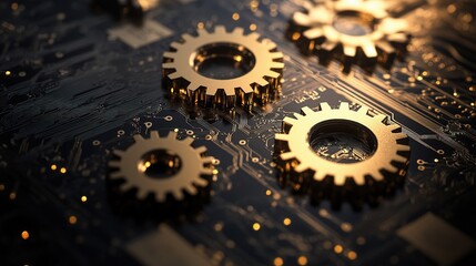Poster - Interlocked Gears on Circuit Board with Detailed Texture and Shine